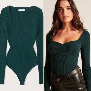 Abercrombie & Fitch Dark Green Long Sleeve Ribbed Sweetheart Neckline Bodysuit